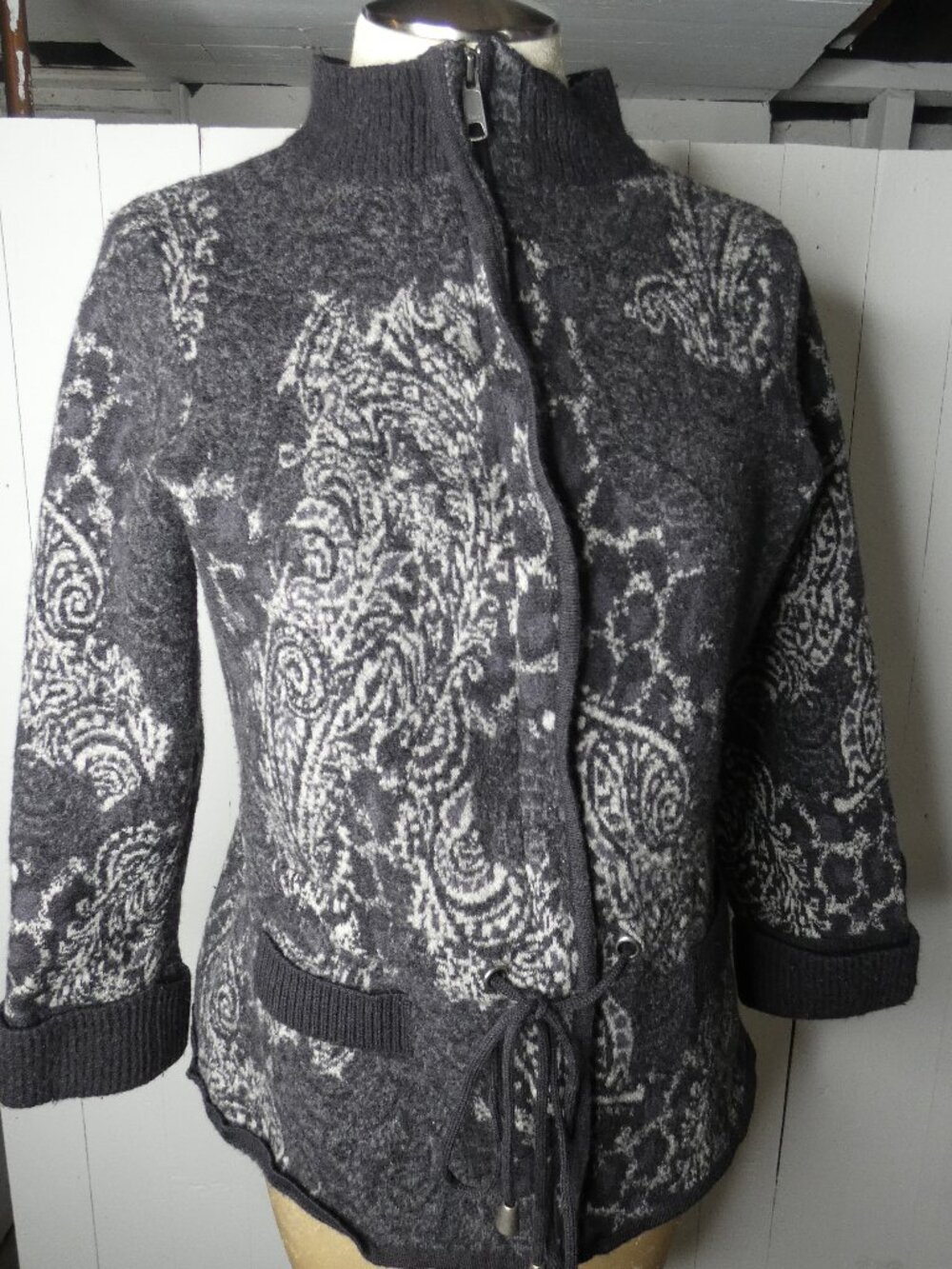 Pendleton Women's XL Merino Wool Zip Front Jacket Grey White Cinch Waist